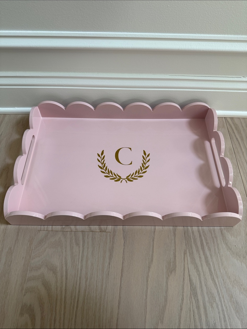 Mark & Graham Pink Scalloped Tray with Gold Laurel Monogram